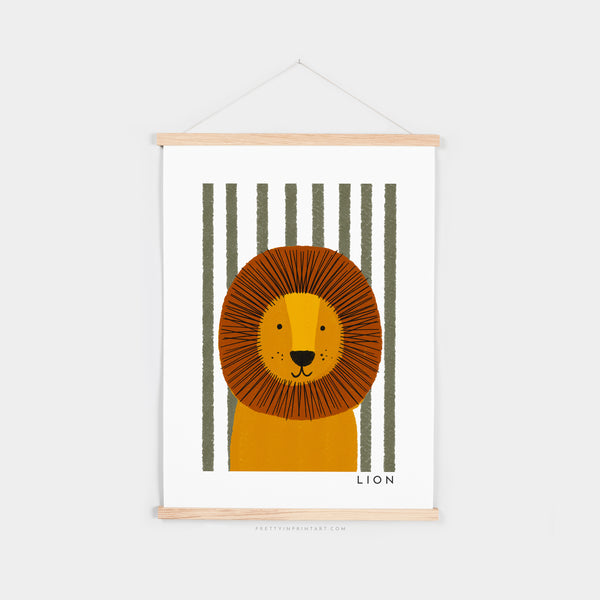 Lion Print - Green Stripes |  Fine Art Print with Hanger