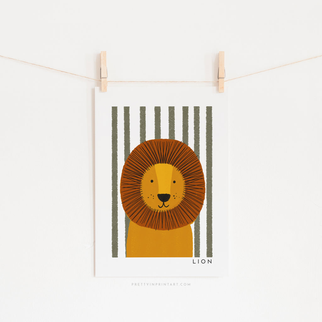 Lion Print - Green Stripes |  Unframed