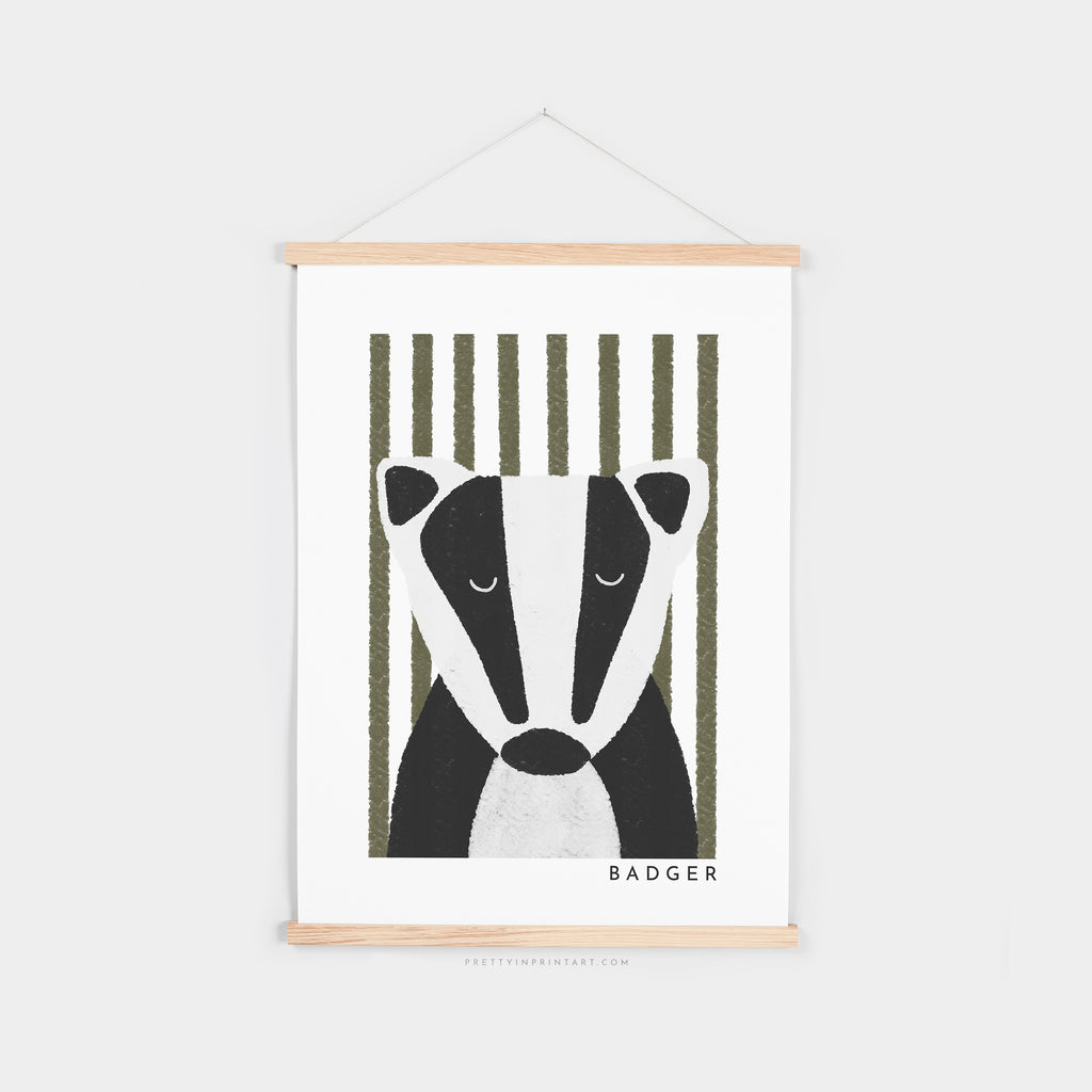 Badger Print - Green Stripes |  Fine Art Print with Hanger