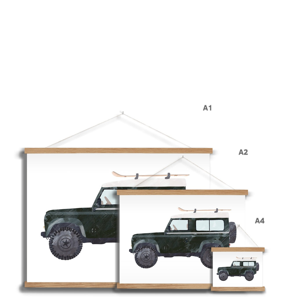 4x4 Jeep - Green with Skis |  Fine Art Print with Hanger