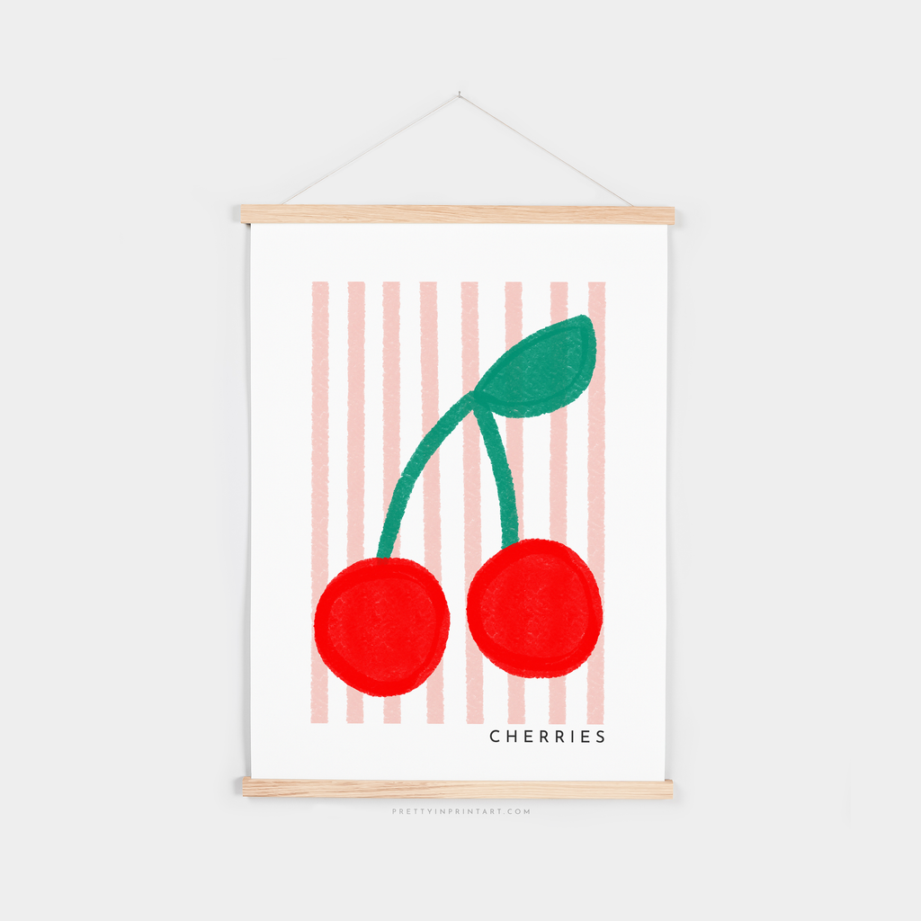 Cherries Print - Pink Stripes |  Fine Art Print with Hanger