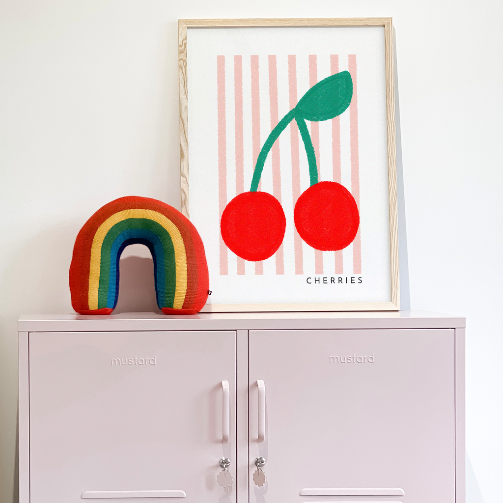 Cherries Print - Pink Stripes |  Framed Print