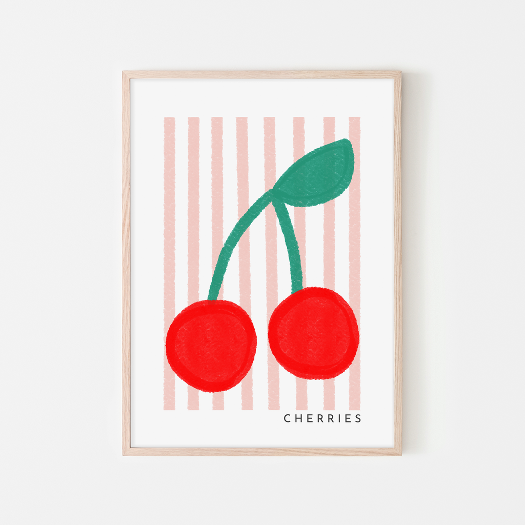 Cherries Print - Pink Stripes |  Framed Print