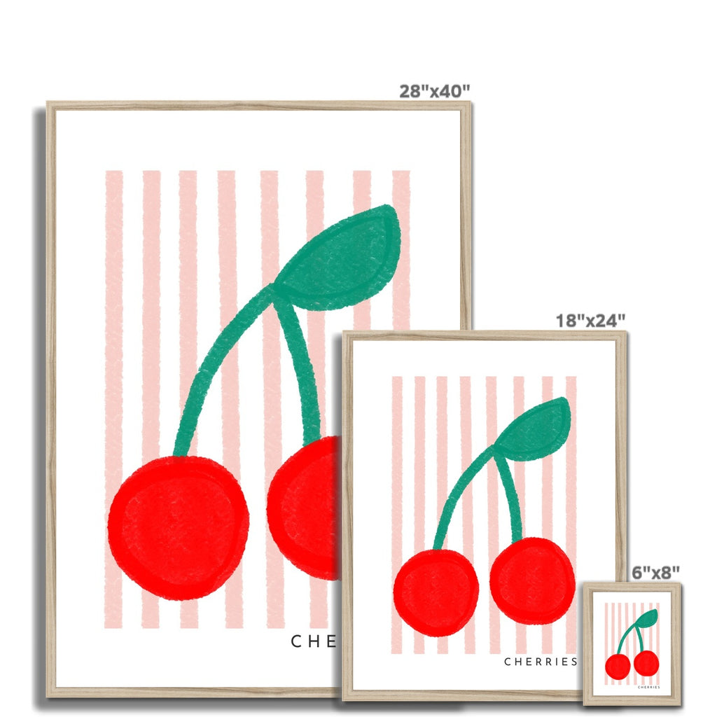 Cherries Print - Pink Stripes |  Framed Print