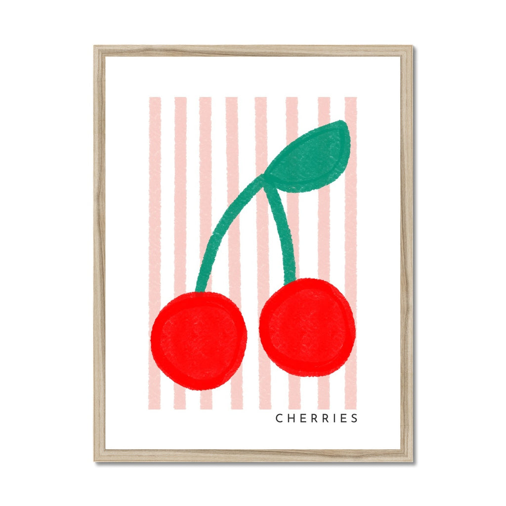 Cherries Print - Pink Stripes |  Framed Print