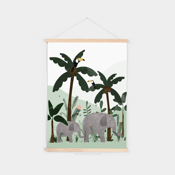 Green - Elephants in the Jungle Print |  Fine Art Print with Hanger