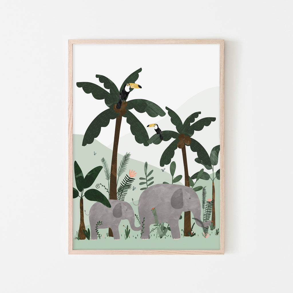 Green - Elephants in the Jungle Print |  Framed Print