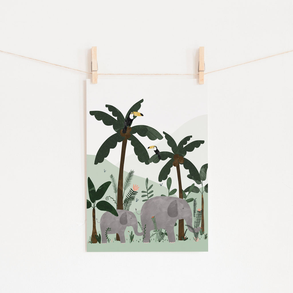 Green - Elephants in the Jungle Print |  Fine Art Print