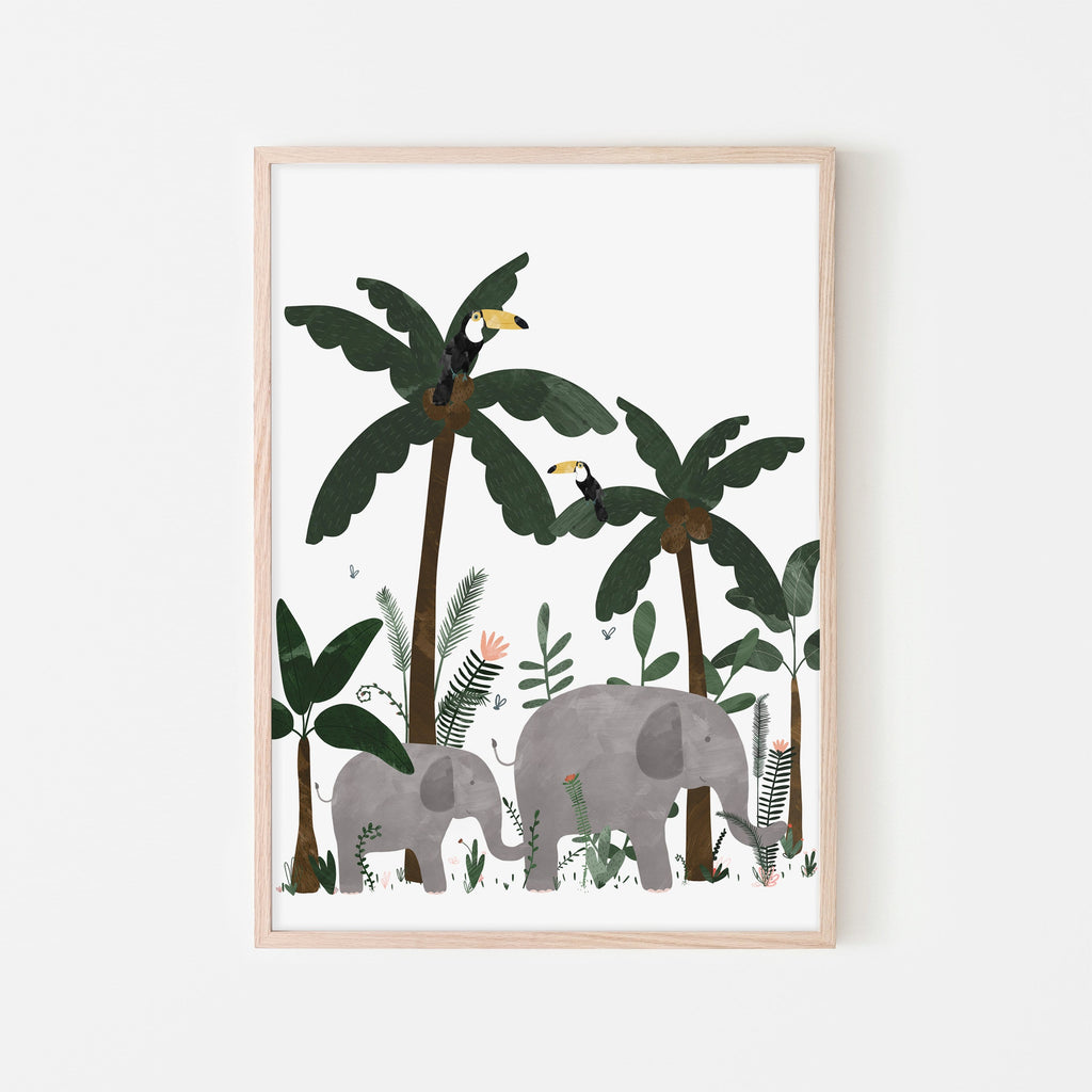 White - Elephants in the Jungle Print |  Framed Print