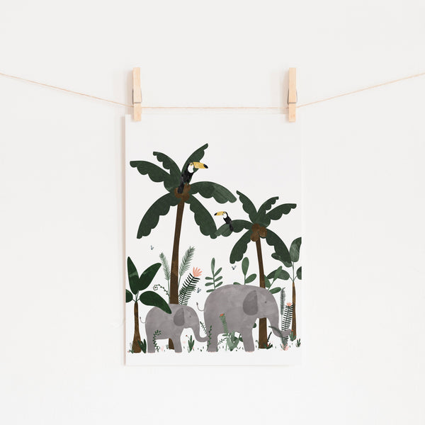 White - Elephants in the Jungle Print |  Fine Art Print