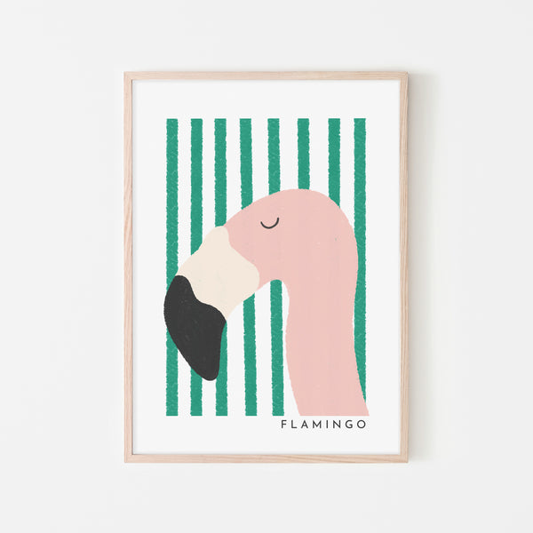 Flamingo Print - Green Stripes |  Framed Print