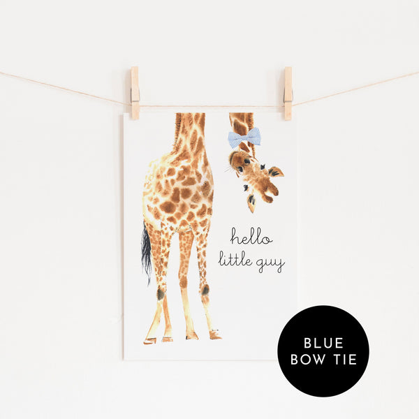 Hello Little Guy Giraffe - Blue Bow Tie |  Unframed