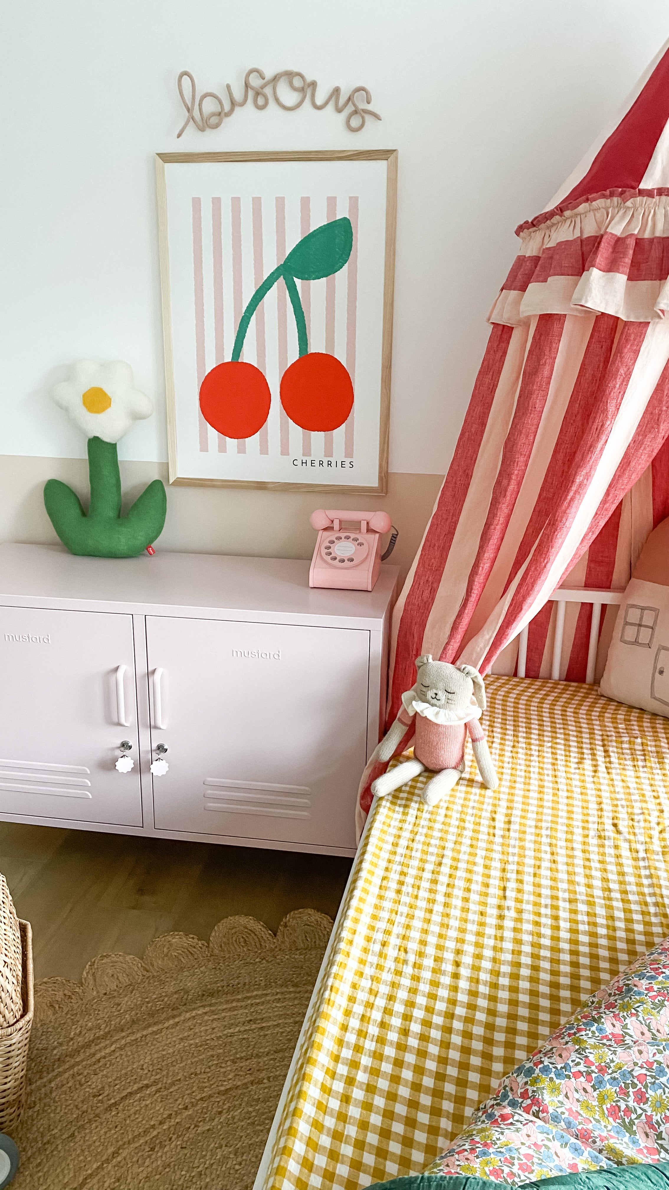 Cherries Print - Pink Stripes |  Framed Print