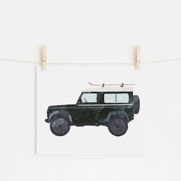 4x4 Land Rover - Green with Skis |  Unframed