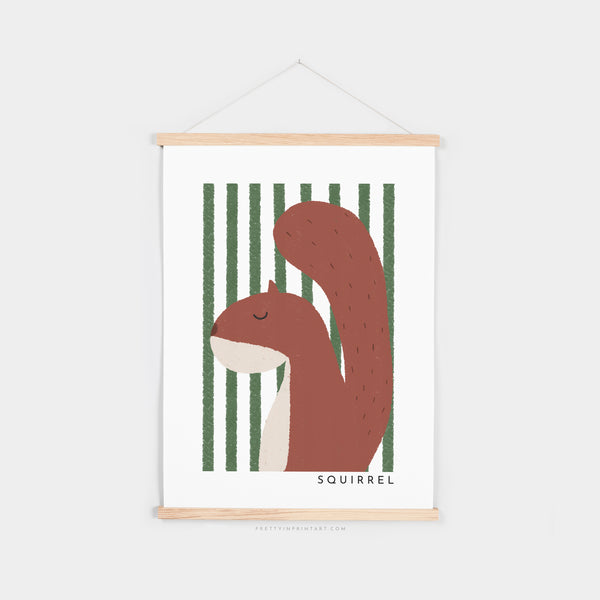 Squirrel Print - Green Stripes |  Fine Art Print with Hanger