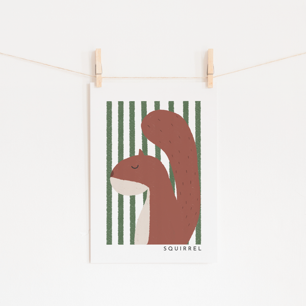 Squirrel Print - Green Stripes |  Unframed